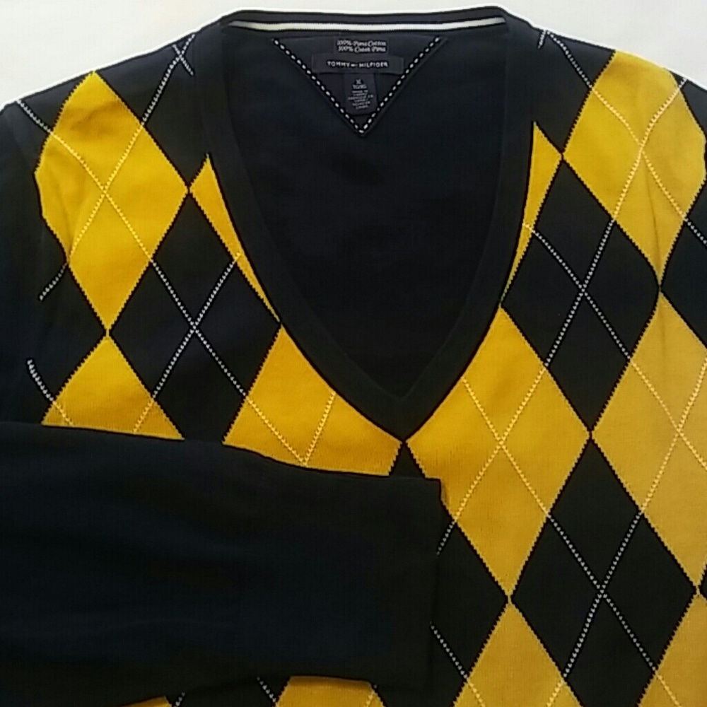 Tommy Hilfiger Men V-Neck Argyle Blue Gold Sweater